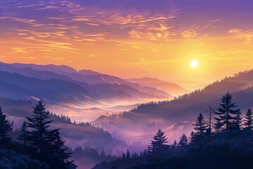 majestic sunrise over misty mountains breathtaking landscape aigenerated realistic illustration
