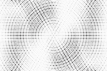 Abstract radial halftone gradient background. Dotted concentric texture with fading effect. Black and white circle shade wallpaper. Grunge rough vector. Monochrome dotted backdrop design element.