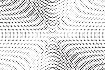 Abstract radial halftone gradient background. Dotted concentric texture with fading effect. Black and white circle shade wallpaper. Grunge rough vector. Monochrome dotted backdrop design element.