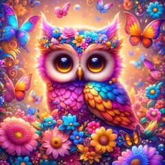 Gorgeous painting depicting a colorful owl with butterflies and flowers all around.