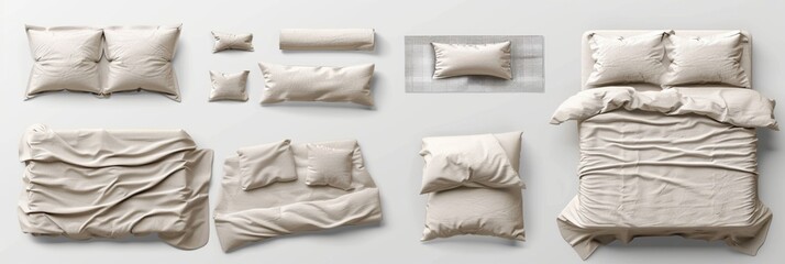 2 Collection set of pastel light black beige blank blanket, pillows, comforter duvet bedding double king queen single bed top view on transparent cutout, PNG file. Many design. Mockup template.