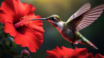 A hummingbird hovers in front of a red hibiscus flower. The hibiscus flower is in focus, and the hummingbird is slightly out of focus. The background is a blur of green leaves.