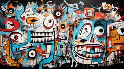 Create a colorful and abstract graffiti mural filled with cartoon characters and vibrant colors.