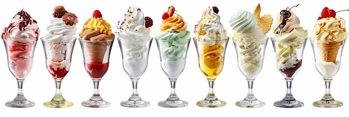 Collection of Sundae sundaes ice cream frozen dessert in tulip glass cup on transparent background cutout, PNG file. Many assorted different flavour Mockup template for artwork design.