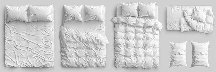 Collection set of white Empty blanket, pillows, comforter duvet bedding double king queen single bed top view on transparent cutout, PNG file. Many design. Mockup template for artwork graphic design