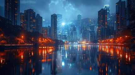 cityscape at night, with illuminated buildings reflecting in the calm waters of a river winding through the urban sprawl
