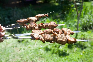 meat, shish kebab, barbecue, fry meat, grill, picnic, vacation, holidays, summer, pork, beef, kitchen, cooking