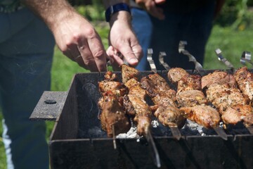 meat, shish kebab, barbecue, fry meat, grill, picnic, vacation, holidays, summer, pork, beef, kitchen, cooking