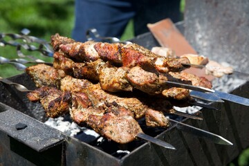 meat, shish kebab, barbecue, fry meat, grill, picnic, vacation, holidays, summer, pork, beef, kitchen, cooking