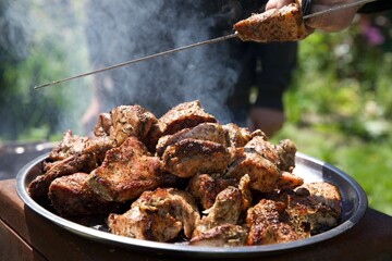 meat, shish kebab, barbecue, fry meat, grill, picnic, vacation, holidays, summer, pork, beef, kitchen, cooking