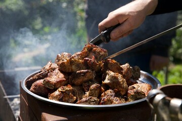 meat, shish kebab, barbecue, fry meat, grill, picnic, vacation, holidays, summer, pork, beef, kitchen, cooking