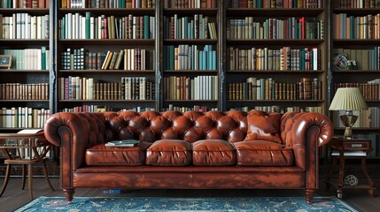 Beautiful Cozy living room with old fashioned bookshelf and comfortable sofa