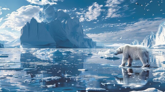 A sobering image of melting ice caps and wildlife struggling, depicting global warming and climate change, emphasizing the impact of toxic waste and contamination