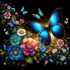 Beautiful painting of butterflies and flowers against a dark black backdrop.