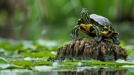 Yellow-bellied slider turtle in repose on a cypress stump, lush Greenfield Lake flora in the background, close-up