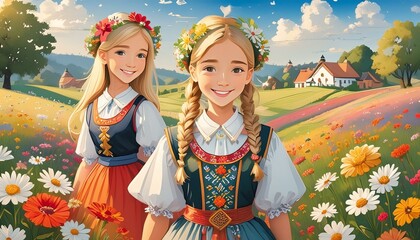 Girls dressed in a traditional european costume