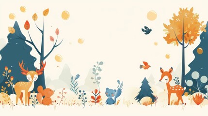 A whimsical doodlestyle background depicting cute animals, trees, and bubbles, minimalist design, tailored for a childrens book illustration