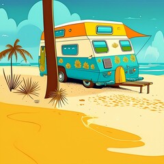 Poptop caravan on a beach with sea background