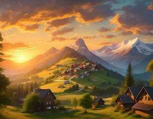 Sunset on a mountain with a village in the foreground