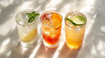 Fototapeta premium Trio of refreshing beverages in glassware, captured from the top on a spotless background, illuminated by studio lighting for clarity