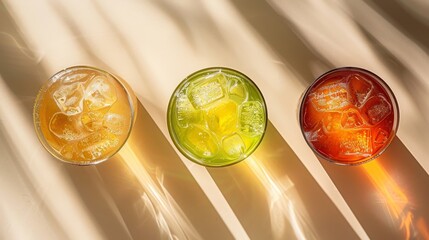 Trio of refreshing beverages in glassware, captured from the top on a spotless background, illuminated by studio lighting for clarity