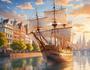 Tall ship on the river with buildings in the background