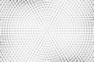Abstract radial halftone gradient background. Dotted concentric texture with fading effect. Black and white circle shade wallpaper. Grunge rough vector. Monochrome dotted backdrop design element.