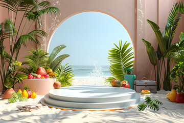 Empty stylish beach podium 3D mockup background for beauty product presentation concept. Summer copy space platform surrounded by palm leaves . Cosmetics, perfume or home goods sales advertising stand