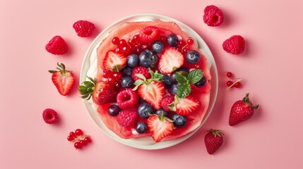 Studio-lit top view of a juicy watermelon base, elegantly topped with yogurt and fresh berries, ideal for clean eating, isolated background