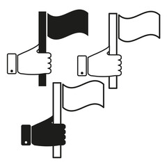 Hand holding flags Vector collection. Monochrome flag icons. Various waving banners.