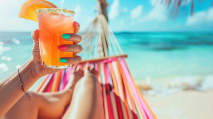 Hands with vivid nails clutching cold drink, pastel sea softly blurred. Summer relaxation with a cold drink and colorful nails on a hammock.
