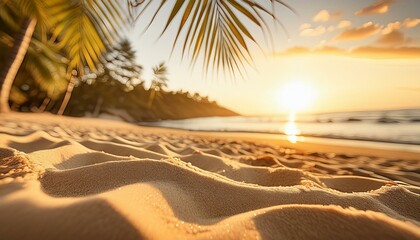 vacation, sandy ocean shore at sunset, water view