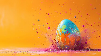 easter egg in a color explosion or splash on orange background. copy space for text.