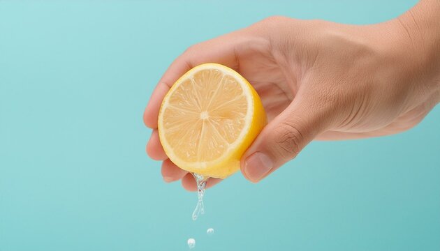 A hand holding a yellow lemon and squeezing the juice out of it in front of a blue background. 
