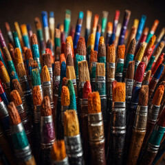 Fototapeta premium Watercolor, oil paint, powder paint, etc. Various sizes and types of paintbrushes. 