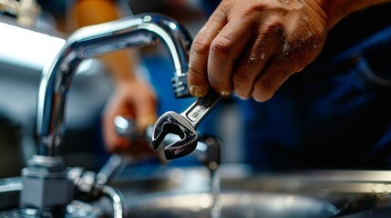 Close-up of a plumber's hand gripping a wrench to tighten joints on a leaking water pipe, focus on the tool and hands