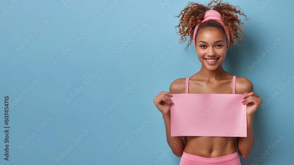 Wall mural African woman holding empty sign for mock up text for advertisement