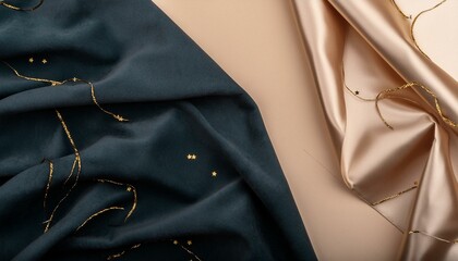 Quiet luxury background texture of beige and black velvet and silk with gold splatter.