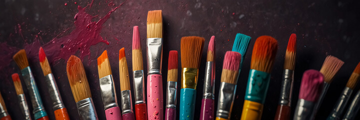 Watercolor, oil paint, powder paint, etc. Various sizes and types of paintbrushes.
