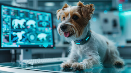 Dog outfitted with a smart collar with holographic display digital x-ray, futuristic veterinary pet hospital with advanced technology for pet healthcare.