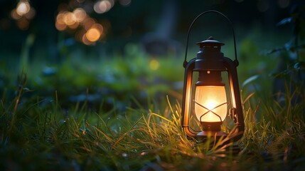 Close-up of a camping light set on the lush green grass at dusk, emitting a soft glow, perfect for outdoor adventure settings