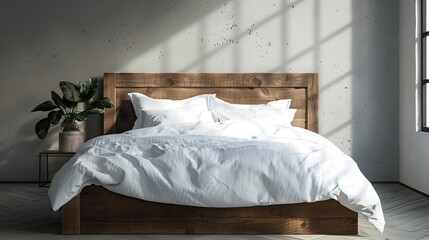 Front view of a wood bed with white sheets. copy space for text.