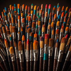 Fototapeta premium Watercolor, oil paint, powder paint, etc. Various sizes and types of paintbrushes. 