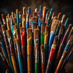 Fototapeta premium Watercolor, oil paint, powder paint, etc. Various sizes and types of paintbrushes. 