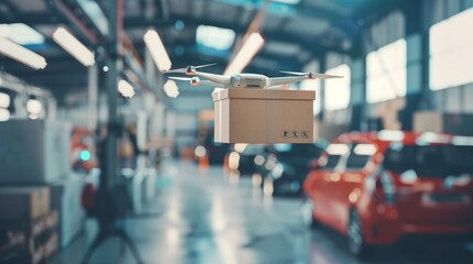 Flying delivery drone transferring parcel box from distribution warehouse to automotive garage customer service repair center background. Modern innovative technology and gadget concept