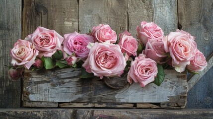 Artistic close-up of pink roses in a weathered wooden box, perfectly complementing the rustic charm of a wooden hearth