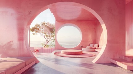 Abstract interior in pink tones, close-up on circular architectural features and a round window, set in a modern living area with concrete floor