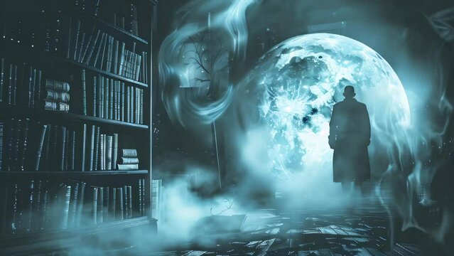 Silhouetted person in library with mystical glowing orb and smoke