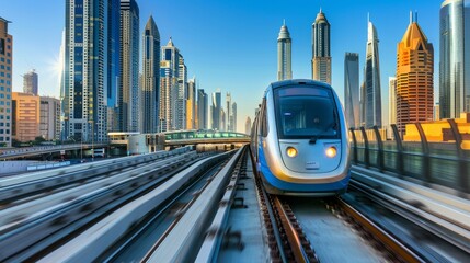 Metro railway among among glass skyscrapers in Dubai. Traffic on street in Dubai. Museum of the Future in Dubai. Cityscape skyline. Urban background