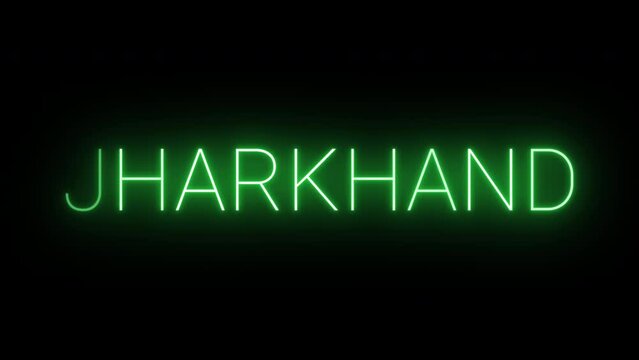 Flickering neon green glowing jharkhand text animated on black background
